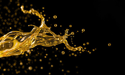 dynamic splash of gold liquid against black background, showcasing fluid motion and vibrant droplets. This captures essence of elegance and energy