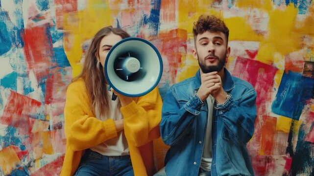 Energetic couple sharing exciting news with colorful megaphone on vibrant background