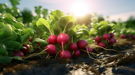 Fresh radishes growing in sunlit soil with vibrant green leaves,