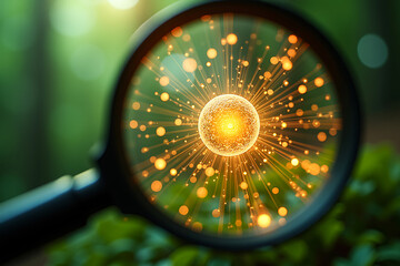 Magnifying glass revealing plant cells producing energy sparks highlighting microscopic natural power