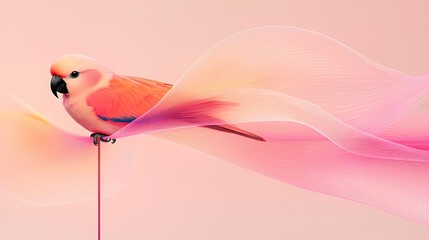 Obraz premium Peach parrot perched on pink thread, soft background, website banner