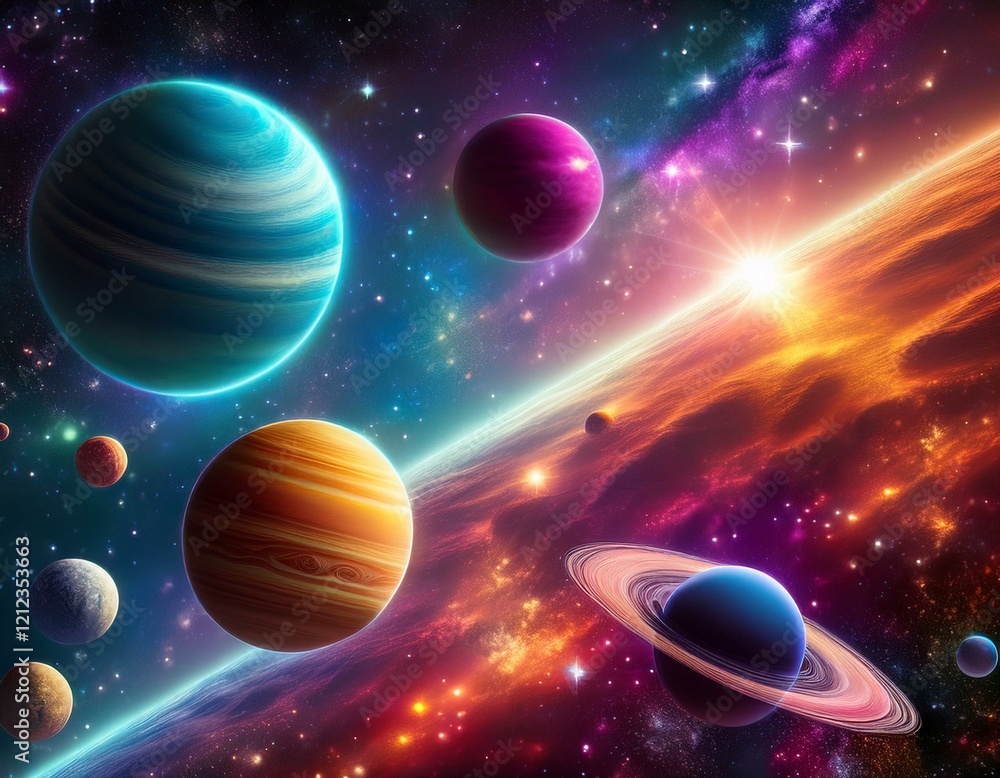 Canvas Prints vibrant planets in cosmic scene with colorful nebula background