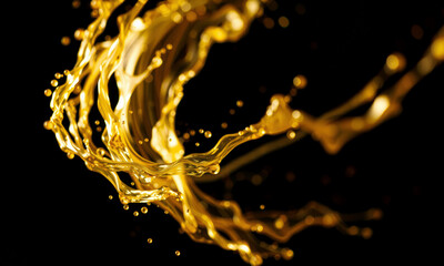 dynamic splash of gold liquid creates elegant and vibrant visual effect, showcasing fluid motion against dark background. shimmering droplets enhance beauty of scene