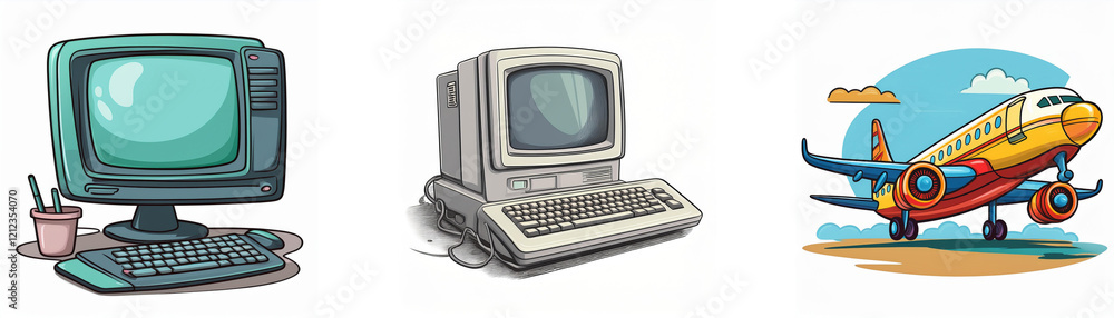 Poster retro computers and a jet plane are depicted in a vibrant illustration. the image showcases vintage 