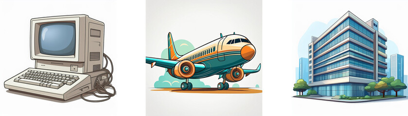 Fototapeta premium A vintage computer, a passenger airplane, and a modern office building are depicted, symbolizing technology, travel, and business.