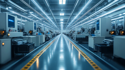 Obraz premium Featuring state-of-the-art plasma etching machines on the factory floor. An entire scene is captured by the camera, showing sleek, modern machinery operating in perfect harmony.