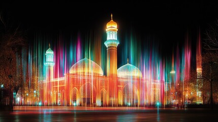 Obraz premium Illuminated mosque at night with vibrant light trails.