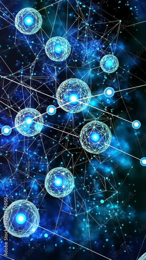 Poster bright blue particles connected through glowing lines in a cosmic network create an engaging visuali