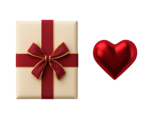 Luxurious beige gift box tied with red ribbon image isolated transparent. Giftbox, glossy red heart cut out photo png. Valentine day present cutout element object photography