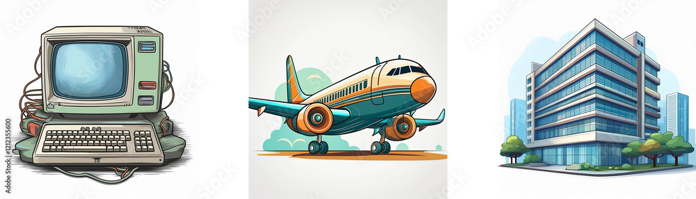 Leinwandbilder retro computer, airplane, and modern building illustrate technological advancement and travel.