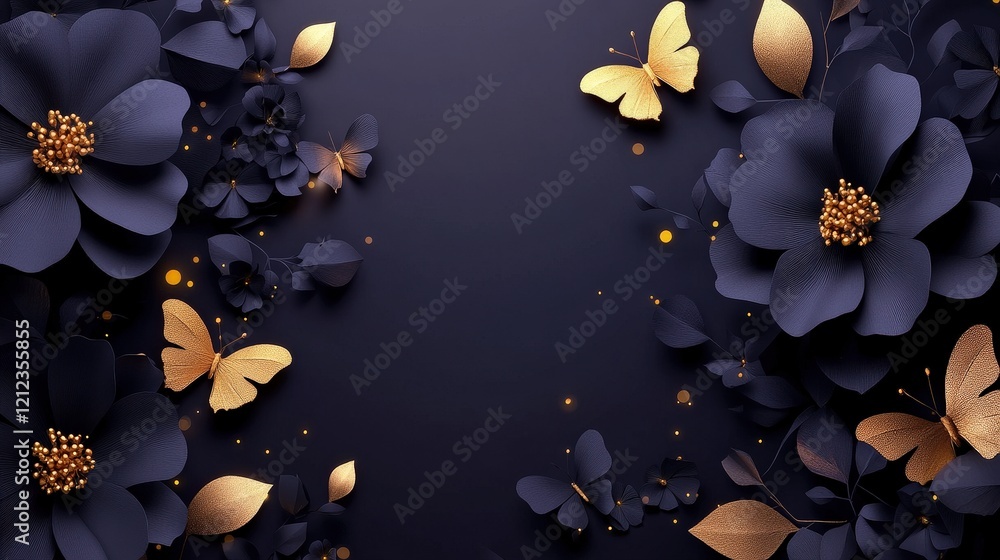 Poster elegant black paper flowers with golden butterflies and dazzling details creating a stunning visual 