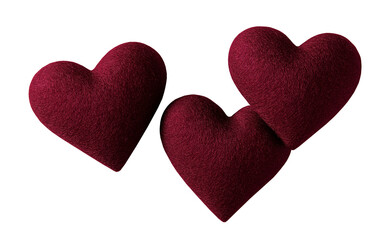 Fototapeta premium Plush burgundy heart-shaped decorations image isolated transparent. Soft texture. Heartshaped shapes cut out photo png. Cozy charm. Heart ornaments cutout elements objects photography