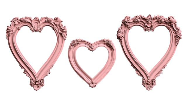 Ornate pink heart frames with baroque carvings image set isolated transparent. Romantic decorative borders cut outs photo png collection. Coquette heartshaped cutouts elements objects
