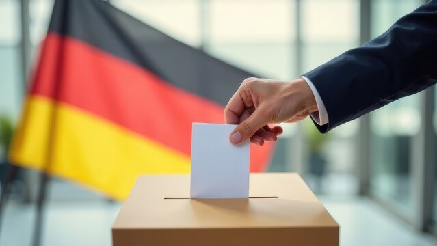 A hand is placing a vote into a ballot box, with the German flag in the background. Concept of: The process of voting in Germany. Bundestagswahl 2025