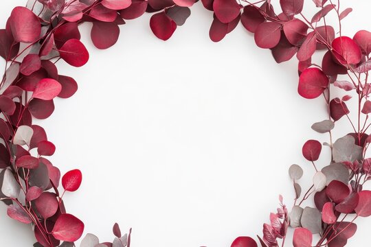 Circular eucalyptus wreath adorned with vibrant red leaves on a pristine background perfect for seasonal decor and nature-themed projects - Powered by Adobe