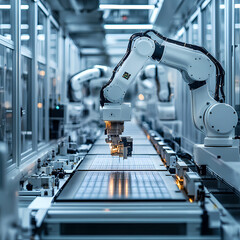  Featuring state-of-the-art plasma etching machines on the factory floor. An entire scene is captured by the camera, showing sleek, modern machinery operating in perfect harmony.