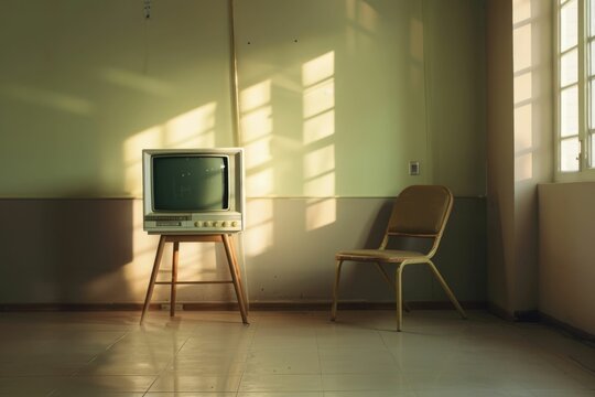 Vintage TV set on a chair in an empty room