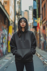 Fototapeta premium Mockup of a person wearing a black hoodie standing confidently in an urban alleyway with graffiti walls and modern city buildings in the background 