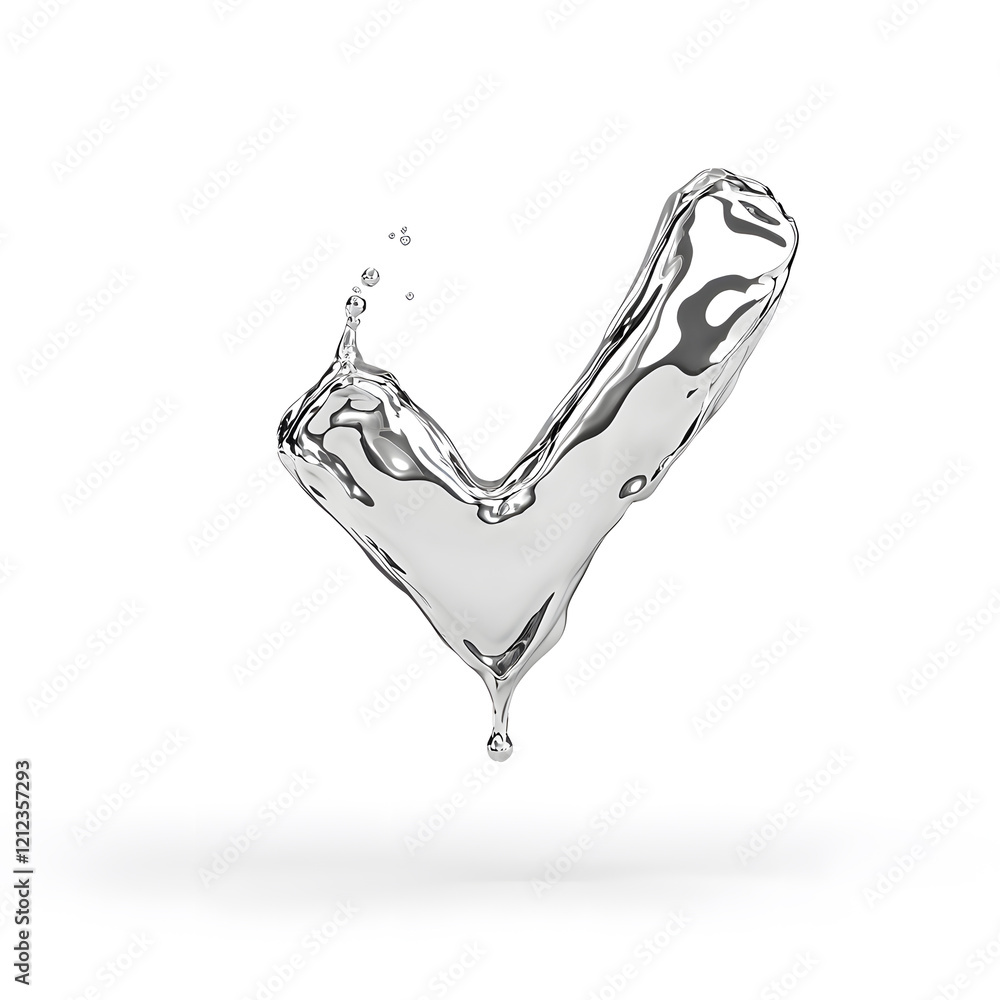 Poster 3d check mark sign made of liquid metallic texture isolated on white background