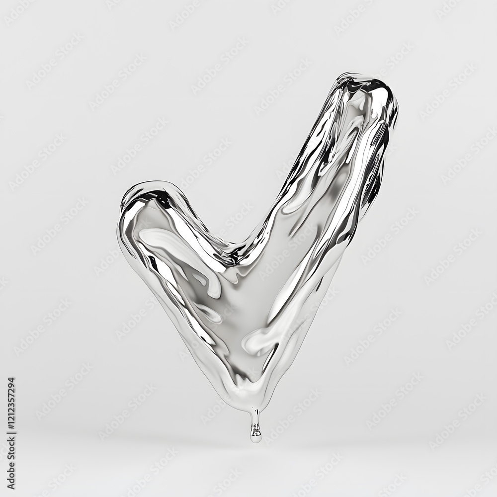 Poster 3d check mark sign made of liquid metallic texture isolated on white background