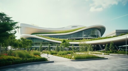 Fototapeta premium Digital illustration of an eco-friendly, modern cafe with lush greenery