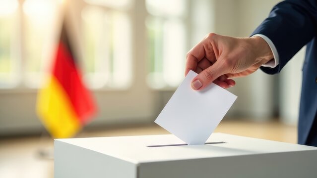 A person's hand is placing a ballot in a box, with the German flag in the background. Concept of: Democratic elections in Germany. Bundestagswahl 2025