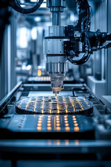  Featuring state-of-the-art plasma etching machines on the factory floor. An entire scene is captured by the camera, showing sleek, modern machinery operating in perfect harmony.