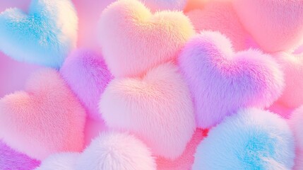 Soft pastel heart shaped pillows stacked together, Valentine's Day wallpaper, cozy romantic background