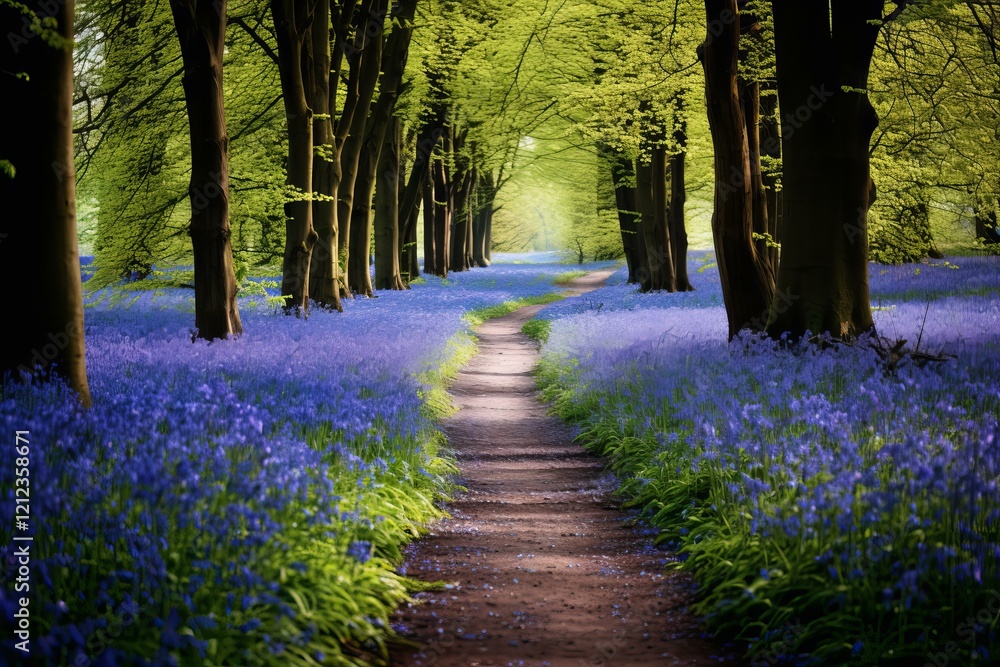 Poster sunlight filters through trees onto a path leading through a vibrant carpet of bluebells in a serene