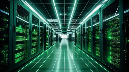Obraz premium Futuristic server room with neon green lighting in a data center,