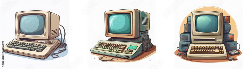 Poster Three retro-styled computers, beige and vintage, showcasing classic computing technology.  One is a standalone unit, another is shown with peripherals, and a third is a complete system.