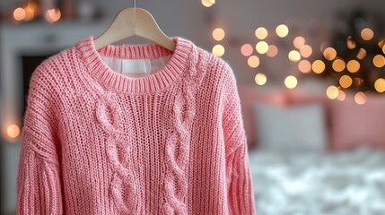 Cozy Pink Knit Sweater Hanging on Wooden Hanger, Winter Fashion