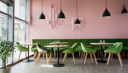 modern cafe interior with pink walls green seating and stylish tables