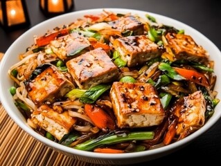 Fototapeta premium Delicious Tofu Stir-Fry with Asian Vegetables and Noodles