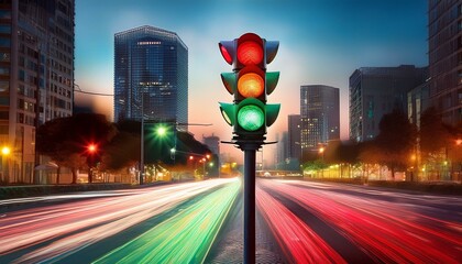 a traffic light with red and green signals shines brightly on an urban street at dusk showcasing blurred vehicle lights in the city background