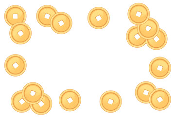 Chinese gold coins on the edges of the image, emptiness in the center. Vector illustration on a white background