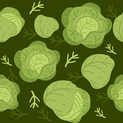 Seamless pattern of green cabbage heads on a dark green background. Ideal for healthy food branding or agricultural visuals. Vector illustration
