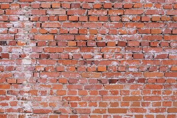Red brick wall texture background. Brick wall with scratches and cracks. Background of old brick wall.