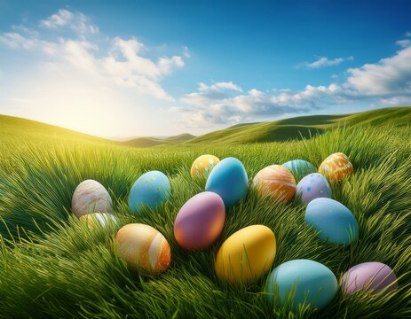a serene landscape with colorful easter eggs scattered in lush grass under a clear blue sky symbolizes joy and renewal evoking feelings of happiness and togetherness during the easter celebration - Powered by Adobe