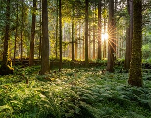 Obraz premium golden sunlight pours through lush towering trees in a serene forest casting light and shadow on the vibrant greenery evoking peace nature s beauty and tranquility