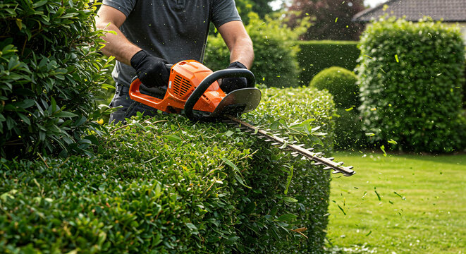 Gardener trimming hedges with electric trimmer in well-maintained backyard garden