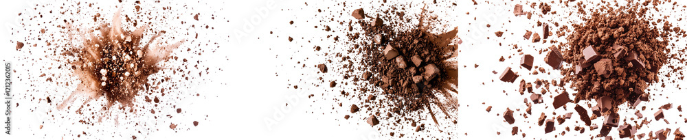 Poster isolated bits of soil spread out on a white background that showcases the texture, with a clipping p