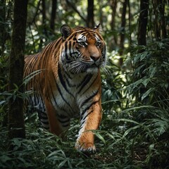 Obraz premium A majestic tiger prowling through dense foliage.A tiger emerging from the dense underbrush of a jungle.Majestic tiger in dense tropical forest with fog, wildlife, wild animal. 