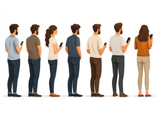 Fototapeta premium Vector illustration of a group of men and women with mobile phones.