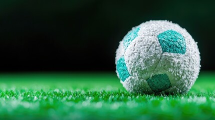 Fototapeta premium Small textured toy soccer ball rests on green artificial grass under bright light.