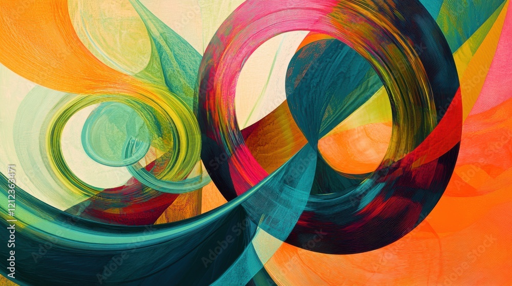 Poster dynamic abstract art composition featuring bold circular patterns and tropical colors