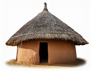 traditional african mud hut with thatched roof placed on white backdrop