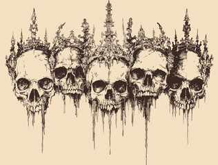 Editable Skull with Thorns a Crown of Roses Vector