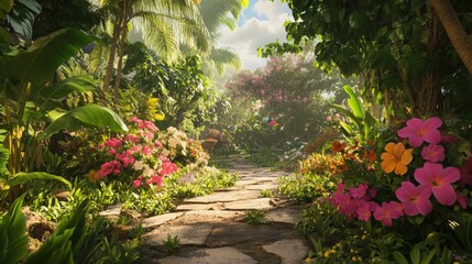 Obraz premium A Serene Stone Path Through Lush Tropical Foliage and Vibrant Flowers in Sunlight