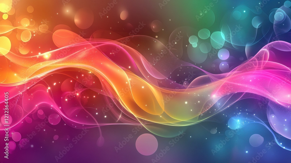 Poster playful abstract art composition featuring bold waves and circular patterns in holographic rainbow t